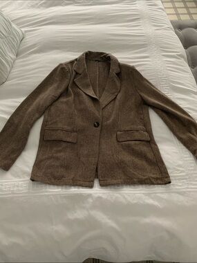Textured Brown Herringbone Single-Button Blazer